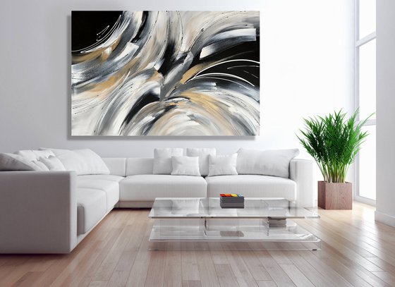 Wild and Free - XL LARGE;  GOLD, BLACK & WHITE ART; MODERN ABSTRACT ART – EXPRESSIONS OF ENERGY AND LIGHT. READY TO HANG!