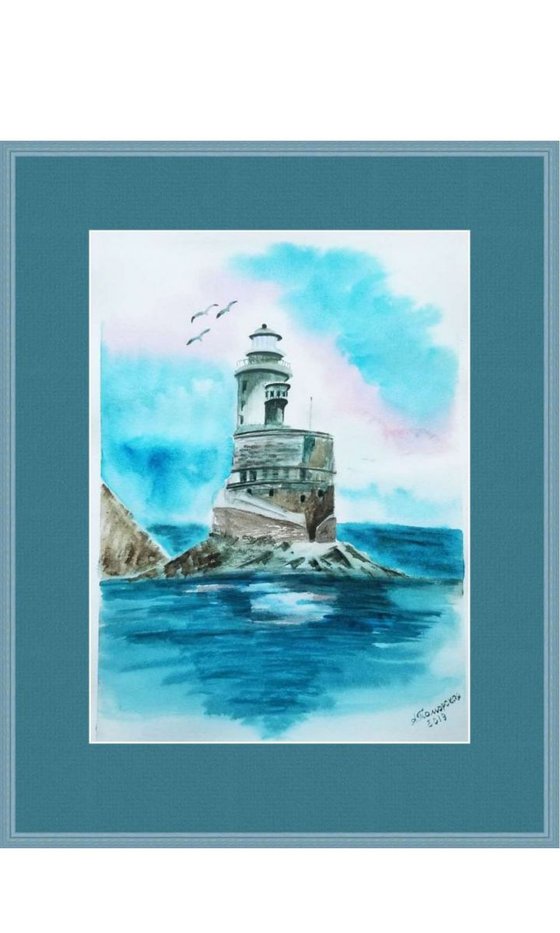 Aniva Lighthouse on Sakhalin Island (Russia). Original Watercolor Painting on Cold Press Paper 300 g/m or 140 lb/m. Cityscape Painting. Wall Art. 11" x 15". 27.9 x 38.1 cm. Unframed and unmatted.