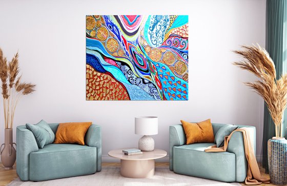 Large abstract painting. Blue turquoise orange gold red wall art