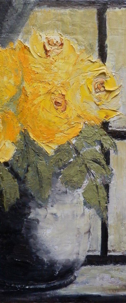 Yellow roses in a window by Maria Karalyos