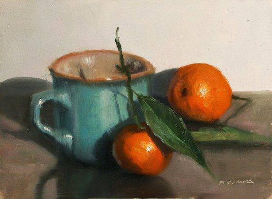 Clementines and a Blue Cup