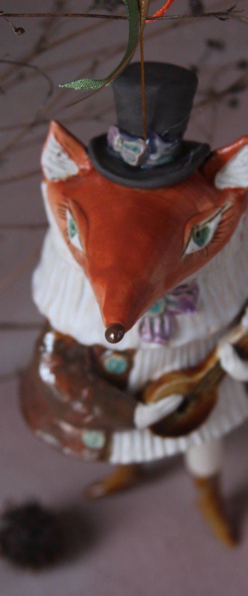 FOXY WITH A MANDOLIN, SCULPTURED CERAMIC BELL DOLL 2018 by Elya Yalonetski
