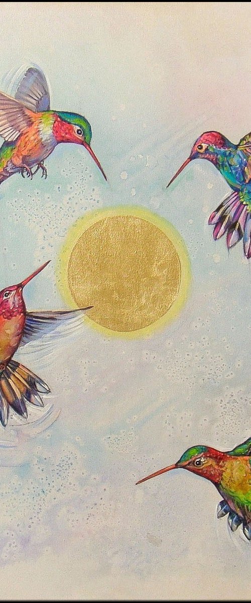 35.4" ”Shining Sun and Hummingbirds” Large Painting by Irini Karpikioti