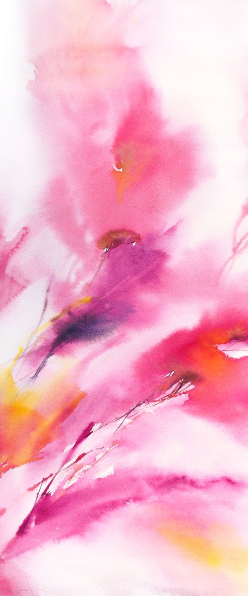 Pink abstract flowers, magenta watercolor floral painting by Olga Grigo