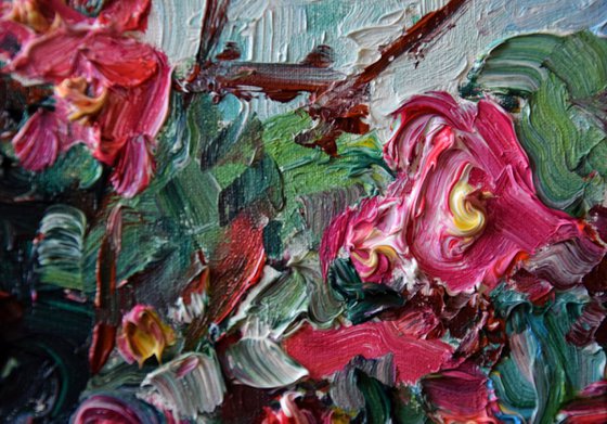 Abstract flowers impasto oil painting Spring blooming, palette knife floral home decor