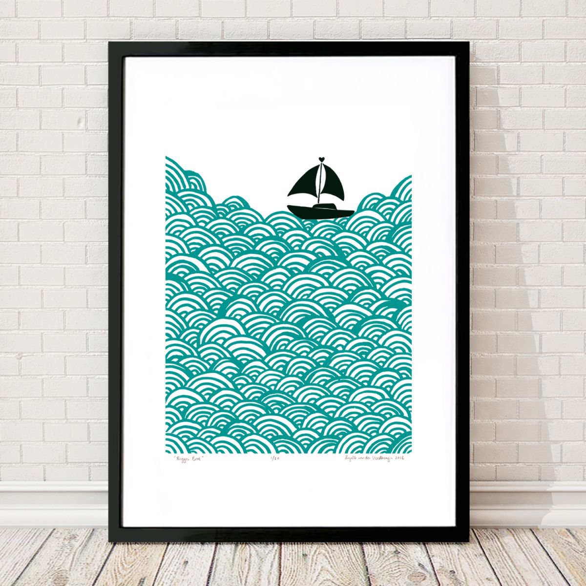 Bigger Boat A2 Size in Green Lagoon - Framed FREE UK Delivery by Lu West