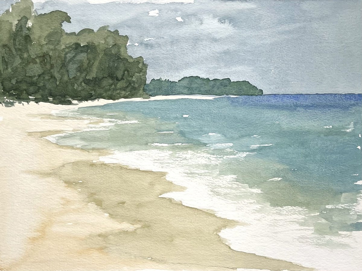 Impressionistic Landscape Watercolour By Michael Richards, 16 X 12", Tropical Beach, Original Artwork