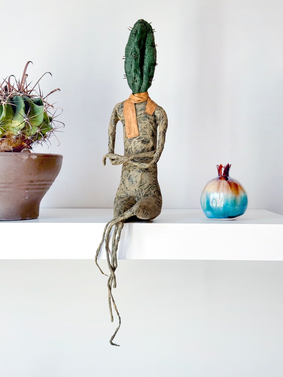 Surrealistic Botanical Sculpture By Sol Vil, 4 X 18", Mr Cactus, Original Artwork