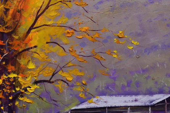 Autumn trees with farm shed