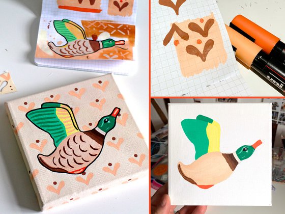 Flying Duck With Pattern Wallpaper On Miniature Canvas