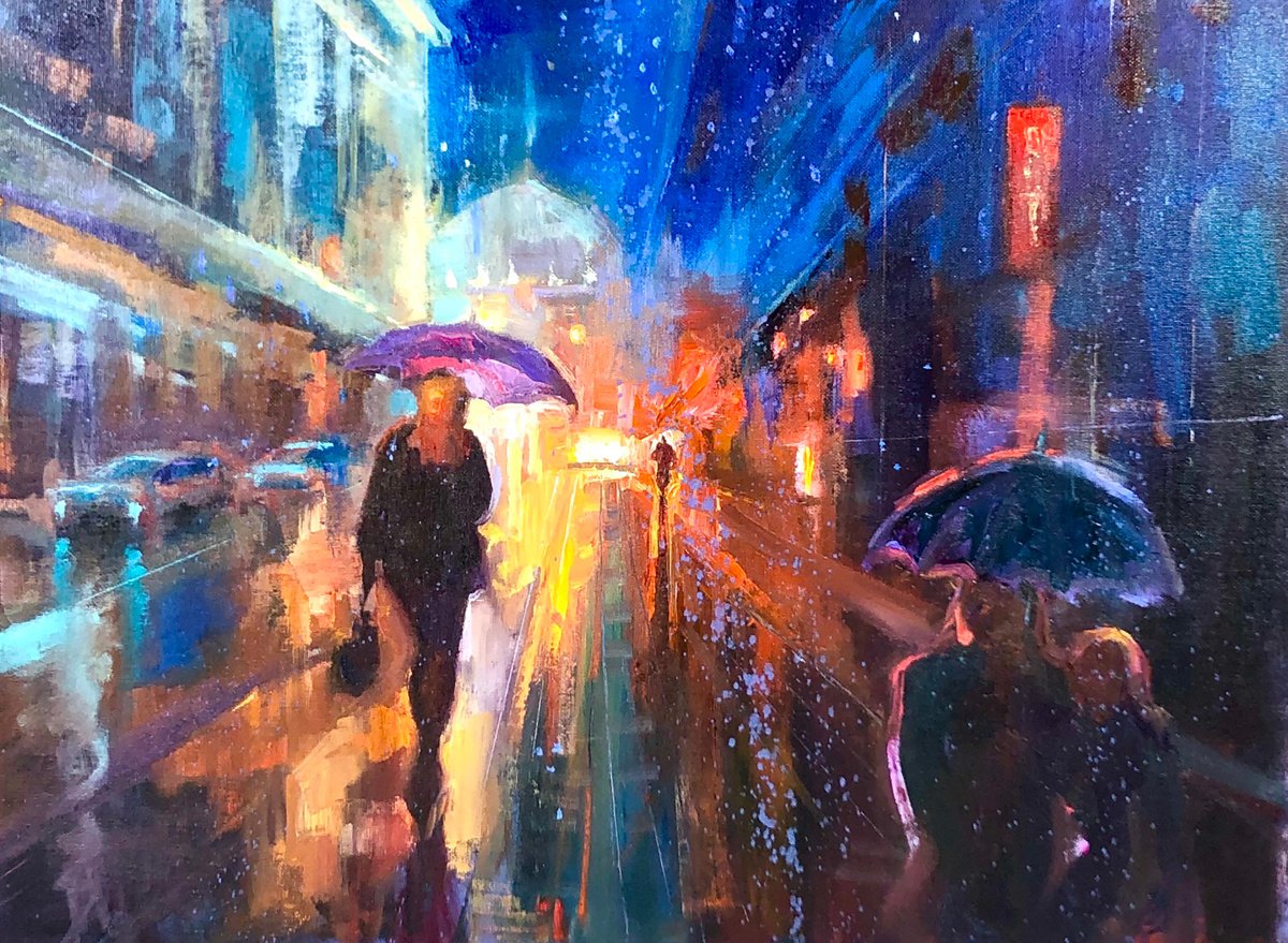 Rainy City Painting Umbrella Original Oil on Canvas Cityscape Impressionism Artwork by Emi... by Emiliya Lane