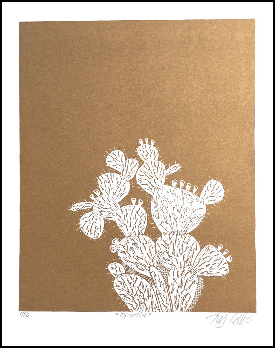 Opuntia Cactus (Prickly Pear) linocut by Mariann Johansen-Ellis
