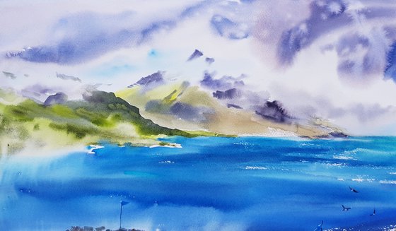 Watercolor landscape. Fjorda in Iceland.