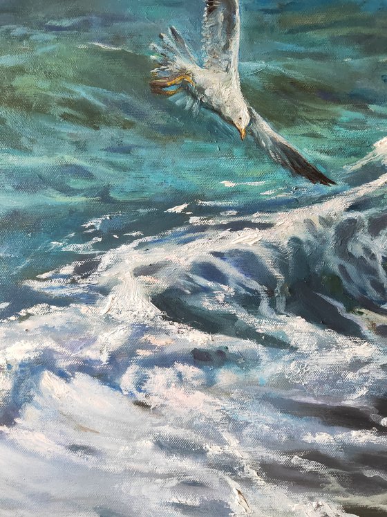 "Seagulls over the waves"