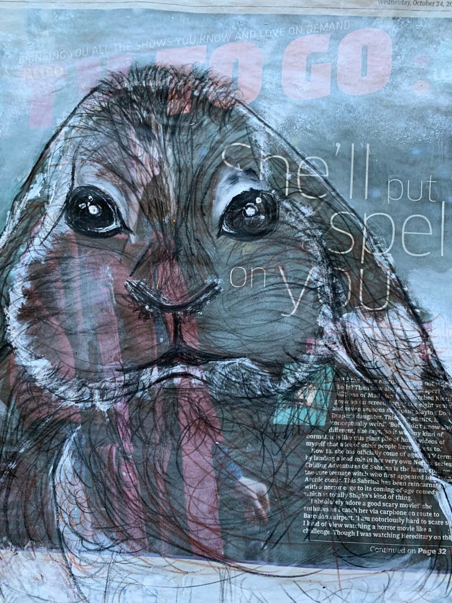 Bunny, Brown Rabbit, Acrylic on Newspaper Nature Art Animal Painting, Wild Life, Animal Po... by Kumi Muttu