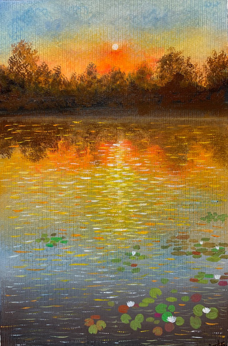Water lily pond at sunset - 3 ! A4 size Painting on paper by Amita Dand