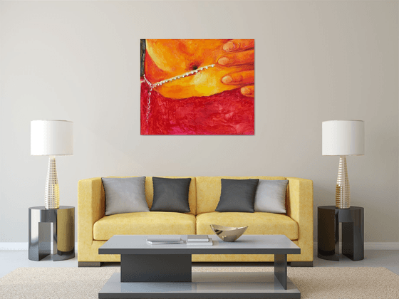 NECKLACE -  original oil painting, figurative, indian oriental scene, yellow red vivid colours, tummy