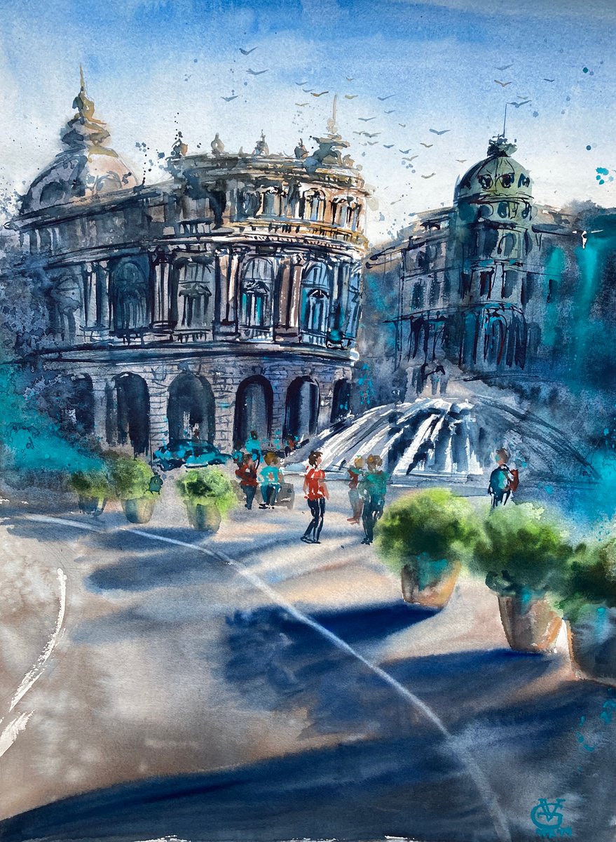 Impressionistic Cityscapes Watercolour By Valeria Golovenkina, 22 X 30", Genova #2, Original Artwork