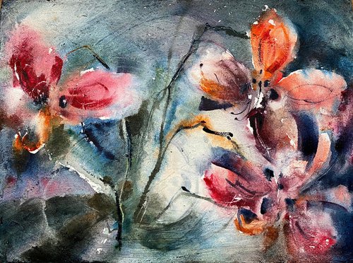 Orange and pink flowers 2 - floral watercolor on board by Anna Boginskaia