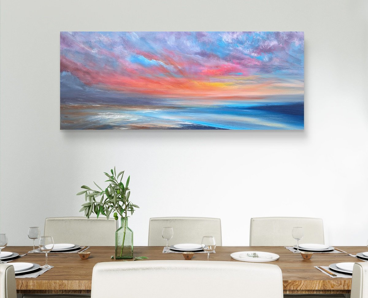 Impressionistic Landscape Acrylic Painting By Mel Graham, 47 X 20", Last Embers, Original Artwork
