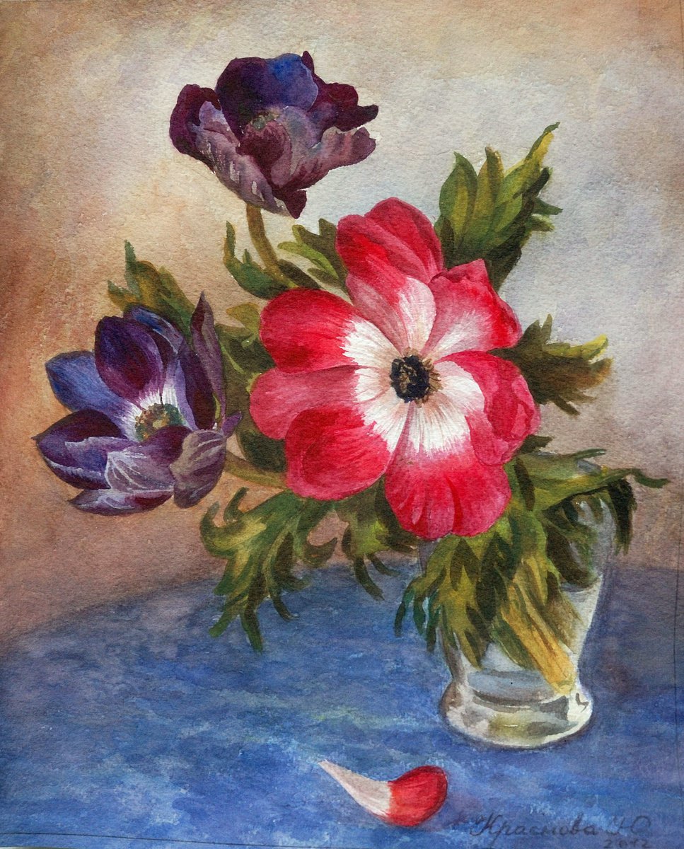 Photorealistic Botanical Watercolour By Yulia Krasnov, 10 X 12", Anemones In A Glass, Original Artwork