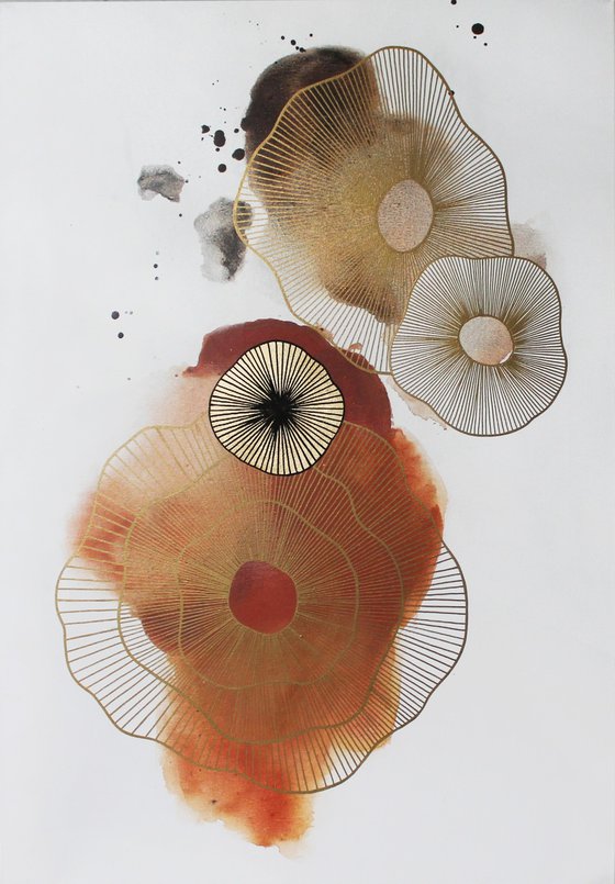 "Golden Molecules 4" Gold orange minimal art