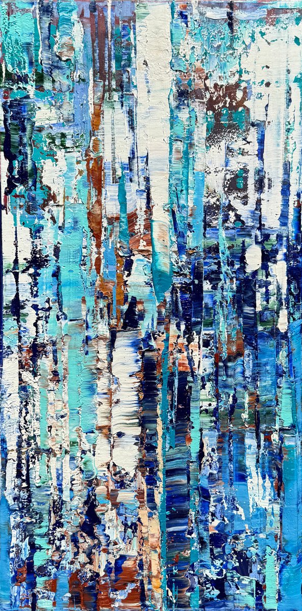 Abstract Oil Painting By Svitlana Andriichenko, 16 X 31", Forest In Icy Radiance, Original Artwork