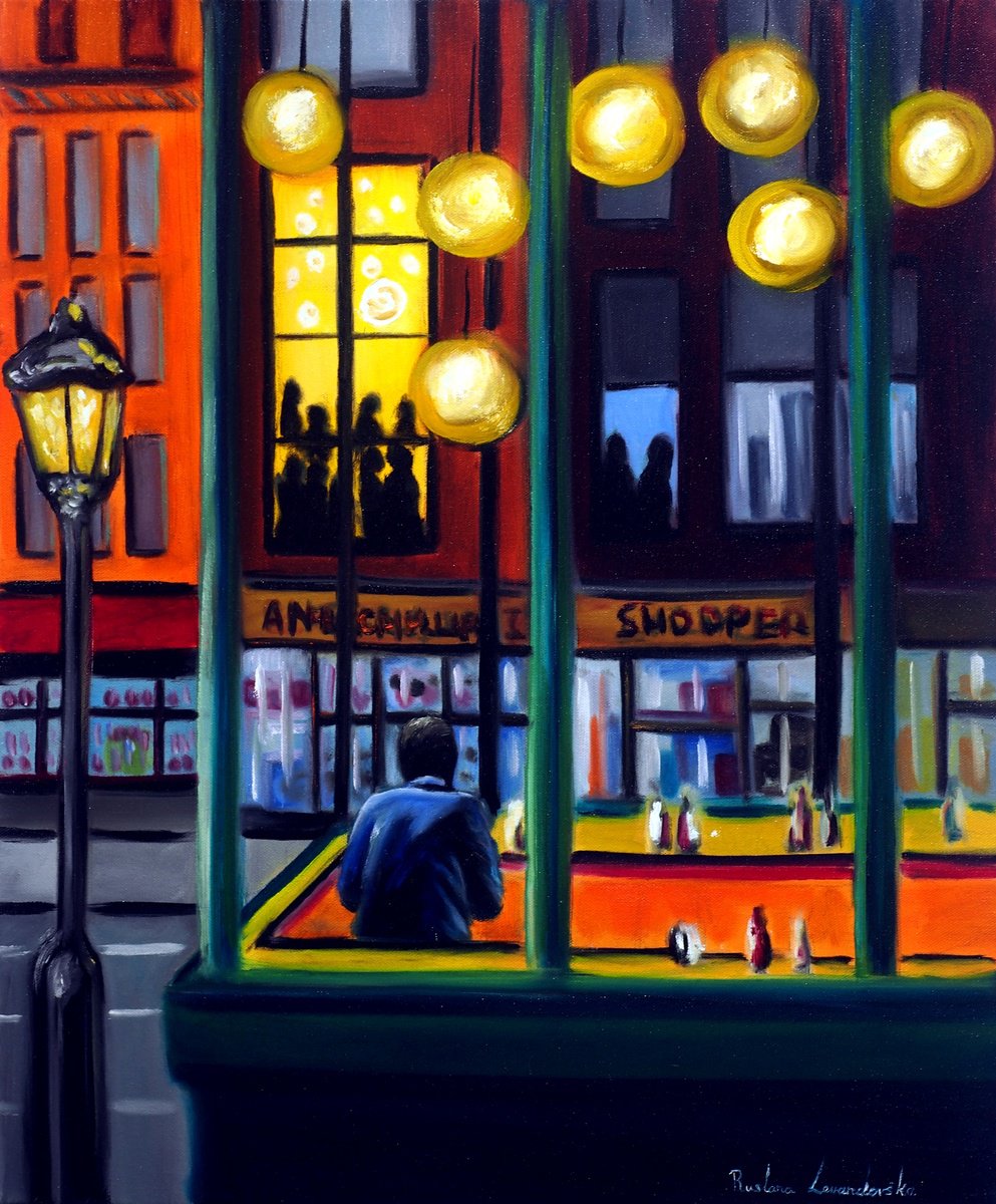 Impressionistic Cityscapes Oil Painting By Ruslana Levandovska, 20 X 24", Nightfall Cafe, Original Artwork