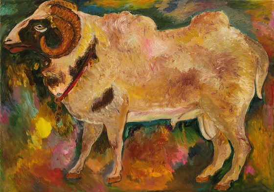 MUGAL RAM - Aries zodiac sign - animal art, original oil painting, large, cheep, fauna