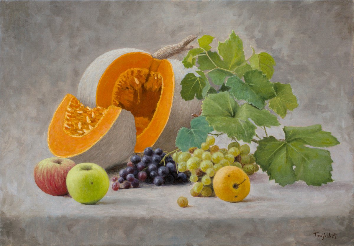 Impressionistic Still Life Oil Painting By Dejan Trajkovic, 28 X 20, Still Life With Pumpkin, Original Artwork