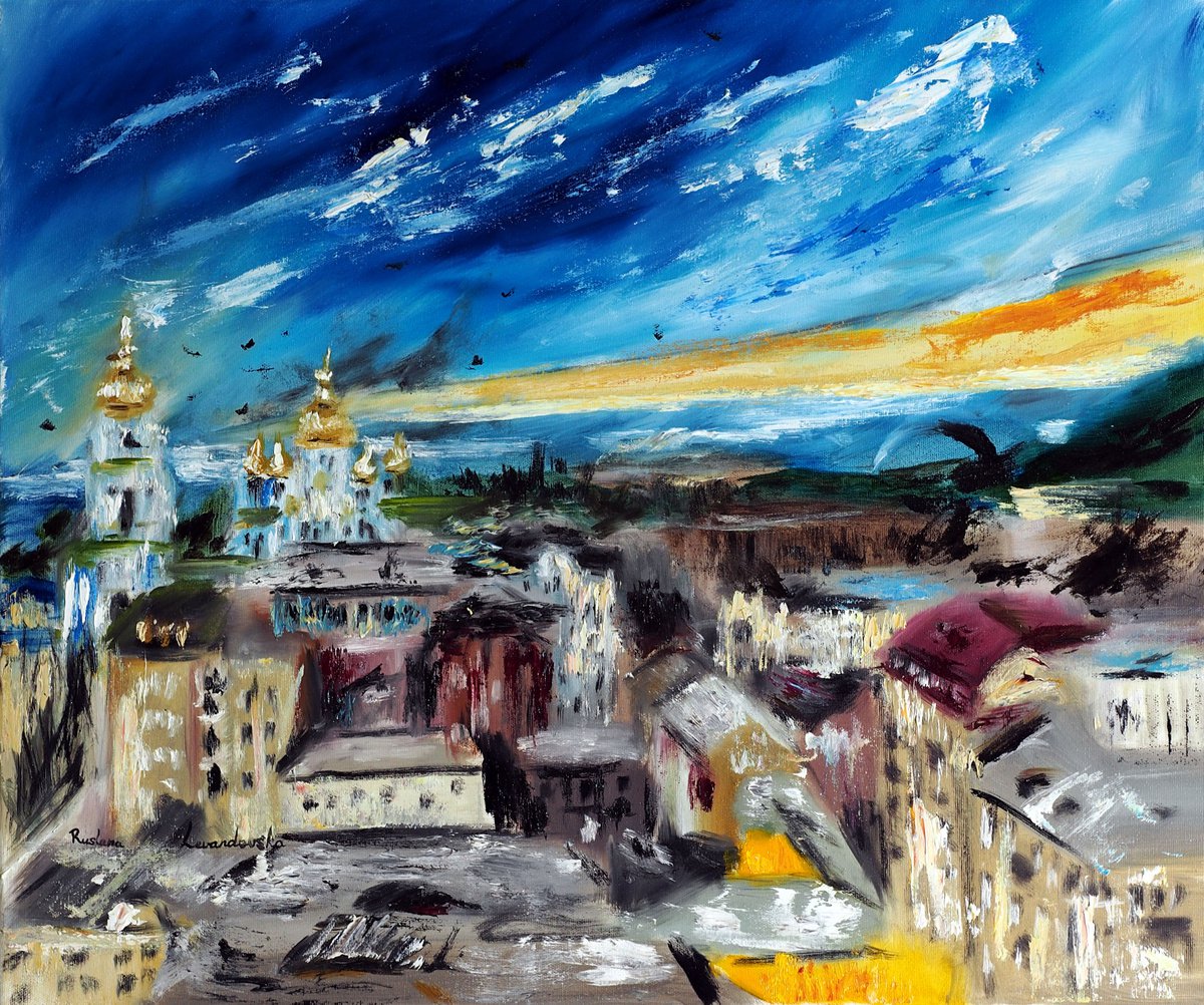 Impressionistic Cityscapes Oil Painting By Ruslana Levandovska, 24 X 20", Kyiv At Dawn, Original Artwork
