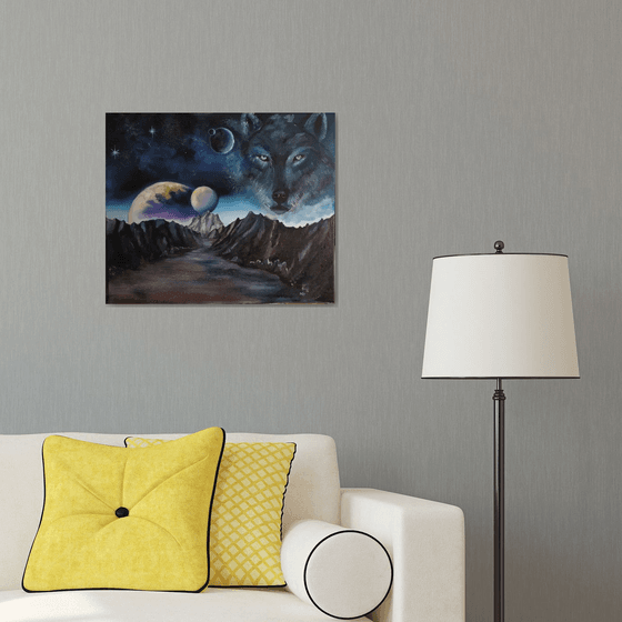 Sky wolf, original surreal planet, animal painting, gift idea, bedroom painting