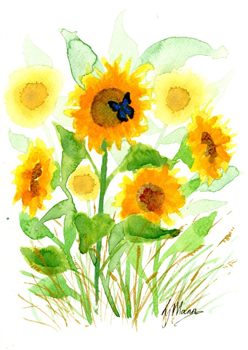 Sunflowers and Blue Butterfly by Lisa Mann