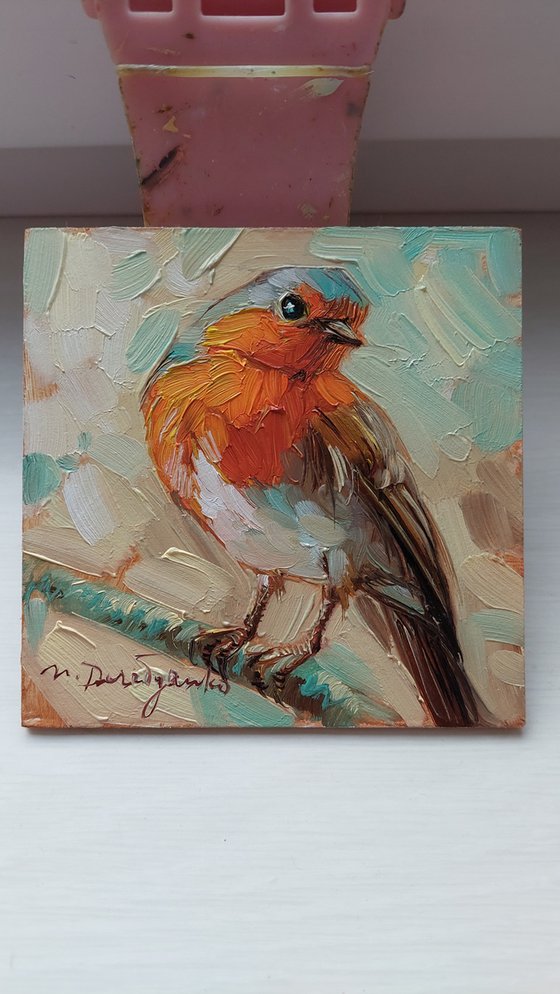 Robin bird oil painting original birding artwork, Miniature framed art