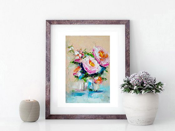 Floral Rose Painting Original Art Small Oil Artwork Flower Wall Art Mini Oil Painting