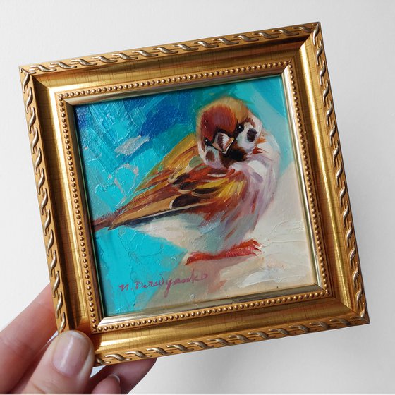 Sparrow bird painting original 4x4, Sparrow oil art turquoise framed, Mini picture of birds in frame, Art gift for Mom