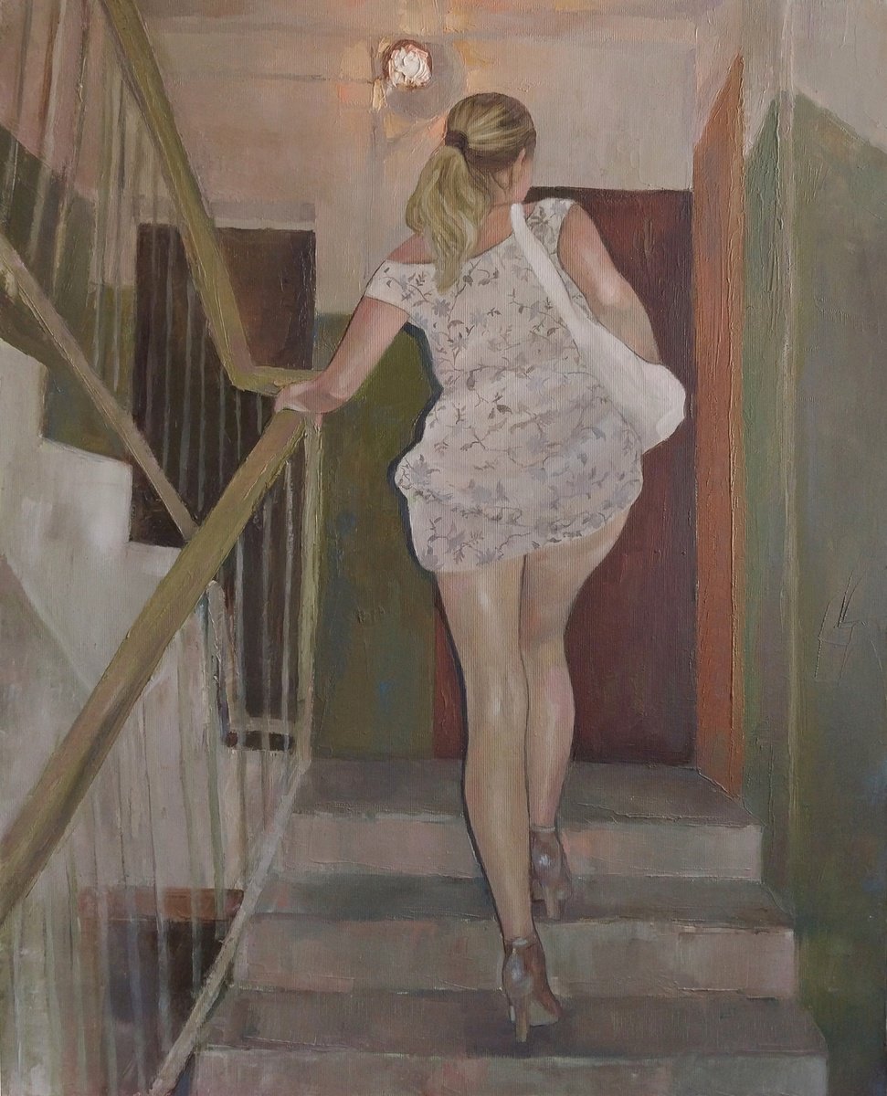 Impressionistic Portrait Oil Painting By Kamsar Ohanyan, 20 X 24", To The Third Floor, Original Artwork