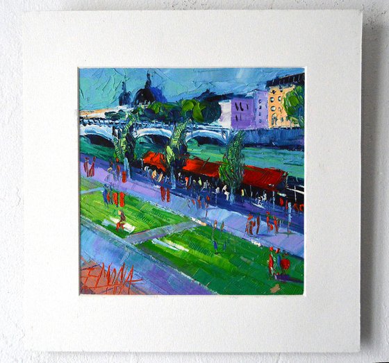 QUAYS OF THE RHONE - miniature palette knife oil painting