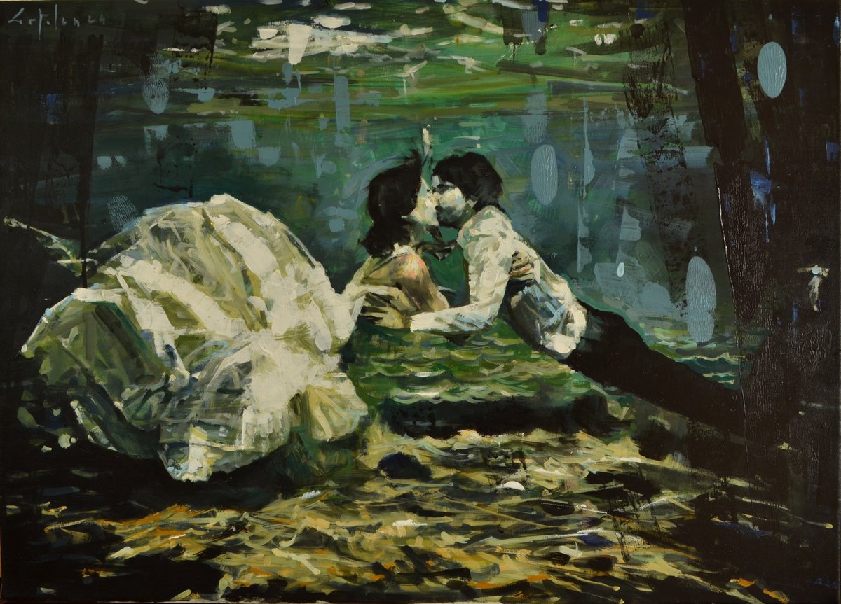 Impressionistic Portrait Oil Painting By Marco Ortolan, 28 X 20", Kissing Underwater, Original Artwork