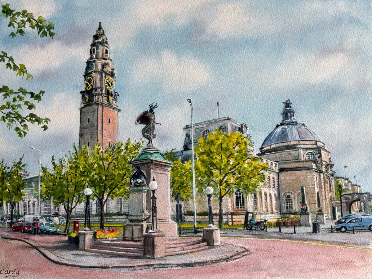 Photorealistic Watercolour , Cardiff City Hall, Wales By Darren Carey, 15 X 11, Artwork For Sale On Artfinder