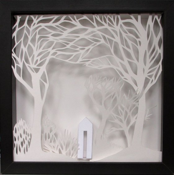 House with trees, paper sculpture
