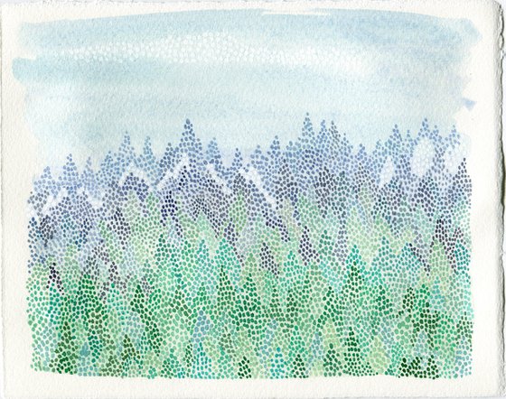 Original pointillism reminding style fir forest watercolor landscape