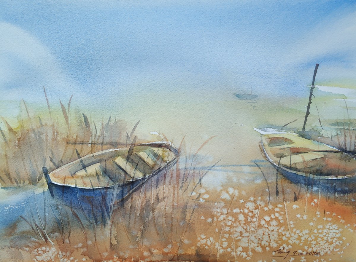 Impressionistic Landscape Watercolour By Jing Chen, 15 X 11, Boats 3, Original Artwork