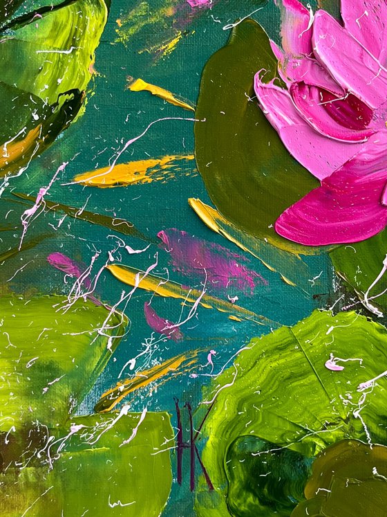 Water Lily Painting Floral Original Art Lotos Flower Oil Impasto Canvas Artwork Home Wall Art 14 by 18" by Halyna Kirichenko