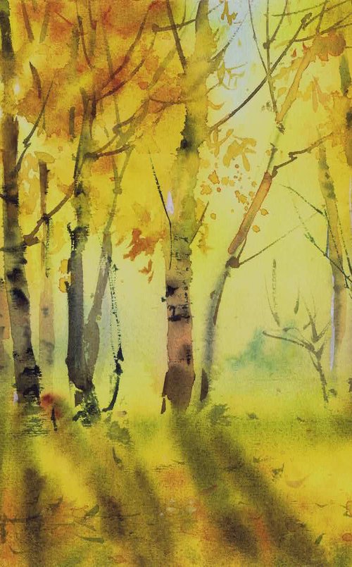 Autumn trees at sunset. Watercolour landscape by Marina Trushnikova by Marina Trushnikova