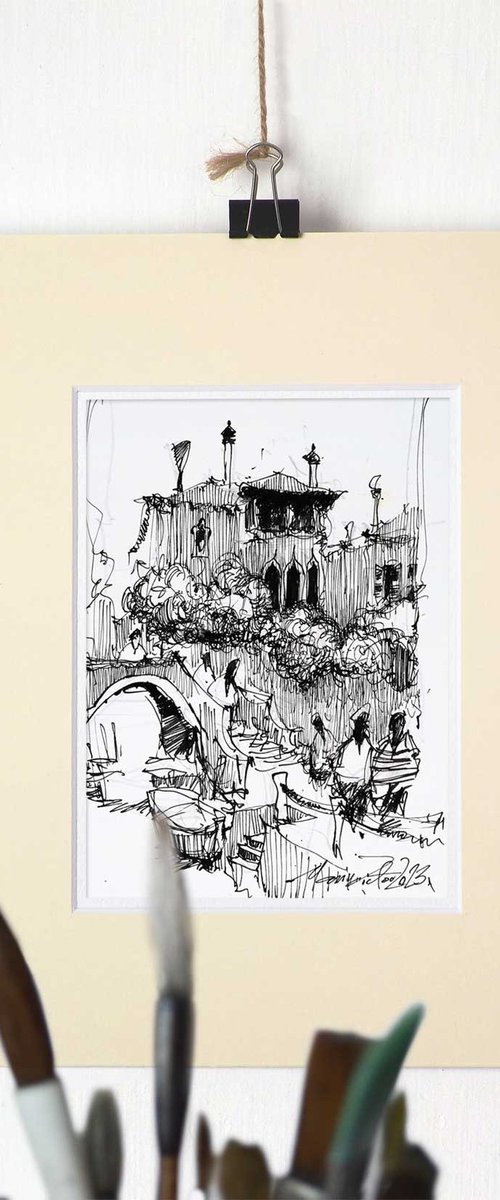 Scene from Venice, Original ink drawing. by Marin Victor