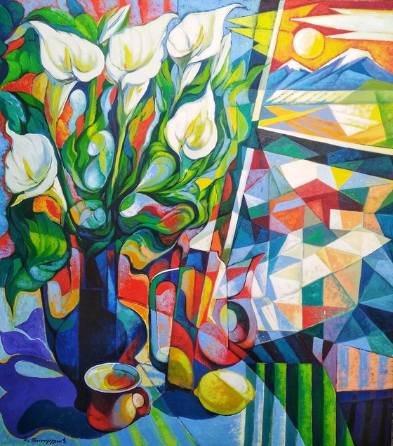 Still life with callas(80x90cm, cubism, oil painting, ready to hang)