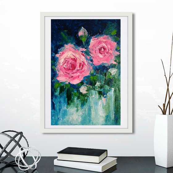 Pink Roses Painting Original Art Floral Artwork Flower Bouquet Wall Art