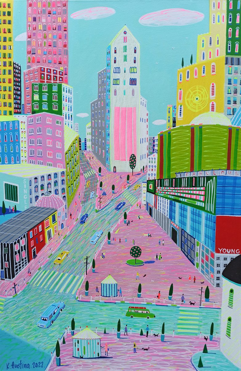 Impressionistic Cityscapes Acrylic Painting By Katrina Avotina, 24 X 36", Beautiful City, Beautiful People, Original Artwork
