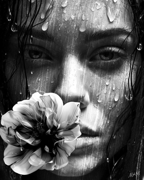 Girl with Flower in the Rain